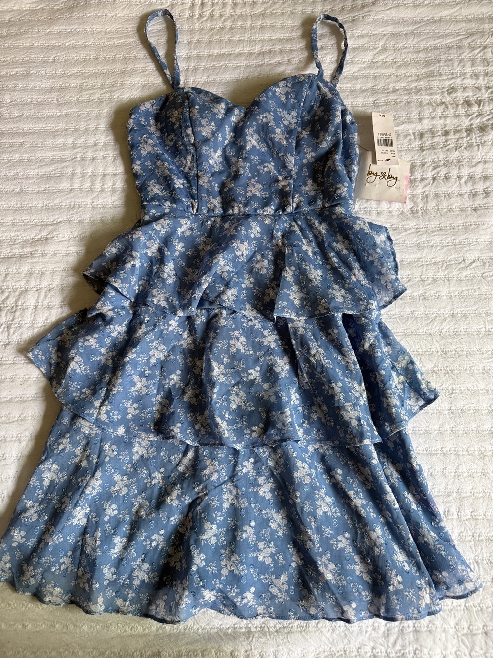 Blue Floral Tiered Spaghetti-Strap youth 👗 dress